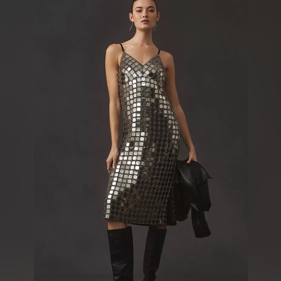 Anthropologie V Neck Chainmail Sequin Midi Dress NWT - Picture 5 of 8